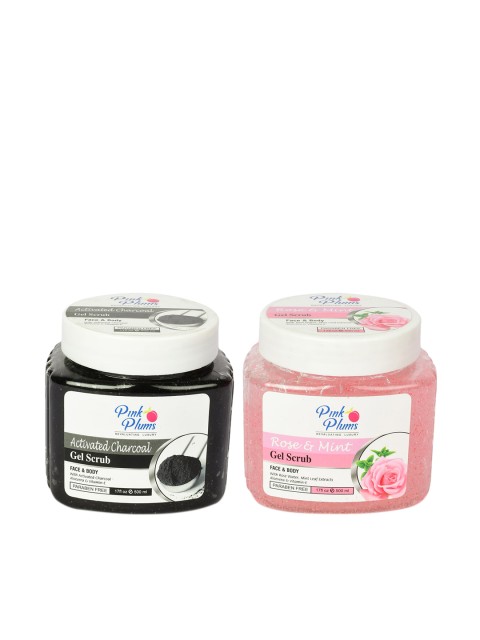 

Pink Plums Set of Activated Charcoal Gel Scrub & Rose and Mint Scrub - 500 ml Each, Black
