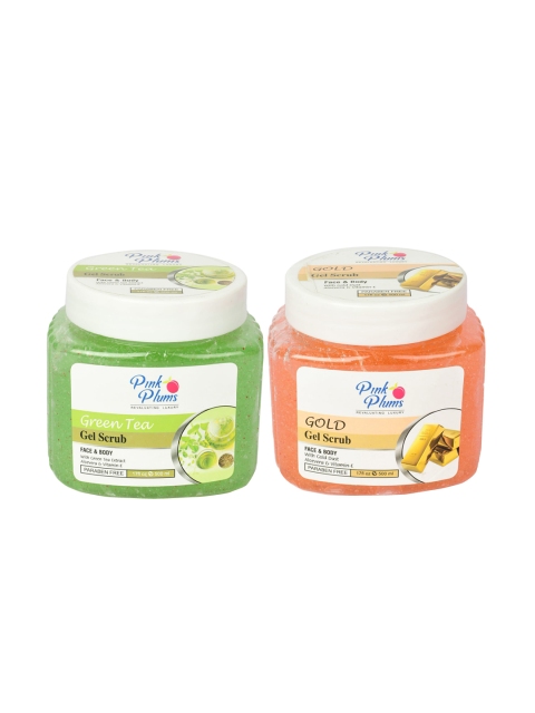 

Pink Plums Set of Face & Body Gold Gel Scrub & Green Tea Scrub - 500 ml Each, Orange