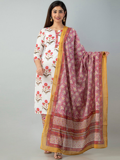 

Charu Women White Floral Printed Pure Cotton Kurta with Salwar & With Dupatta