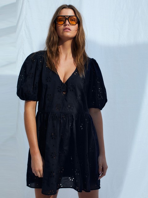 

H&M Black Puff-Sleeved Broderie Anglaise Dress