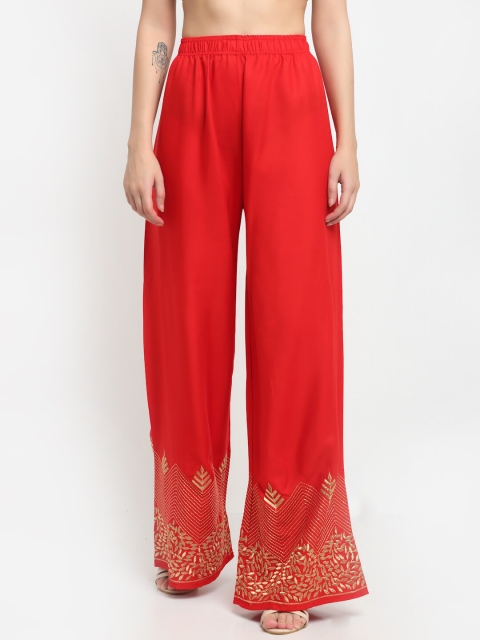 

NEUDIS Women Red & Golden Floral Embroidered Flared Ethnic Palazzos