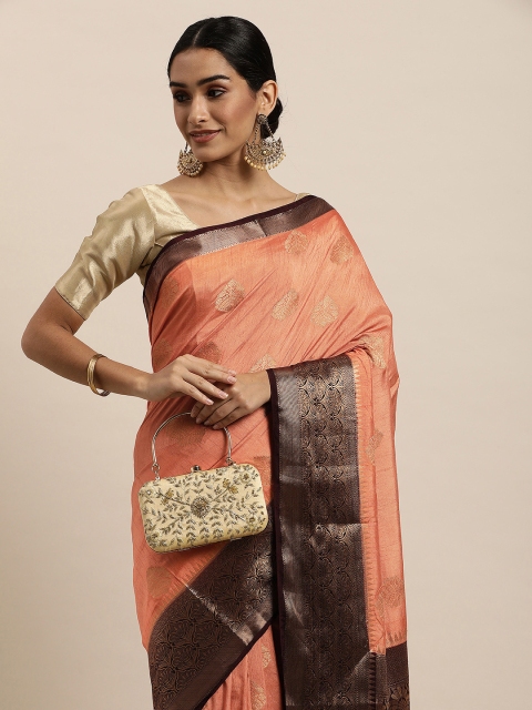 

Saree Swarg Peach-Coloured & Golden Ethnic Motifs Silk Blend Banarasi Sarees