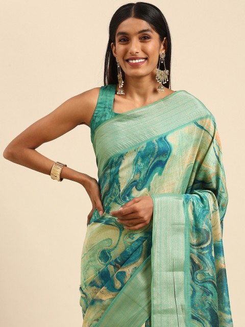 

all about you Turquoise Blue & Beige Marble Printed Art Silk Tussar Saree