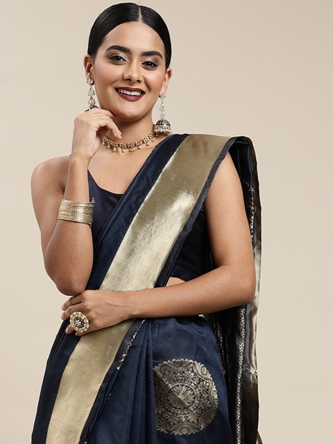 

all about you Navy Blue & Golden Ethnic Motifs Zari Woven Design Banarasi Saree