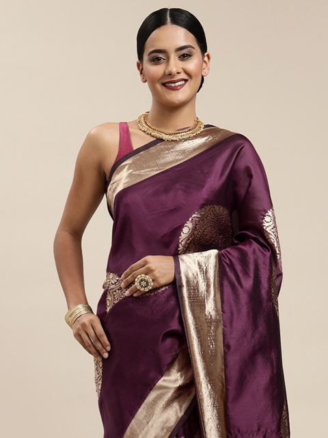 

all about you Purple & Golden Ethnic Motifs Zari Woven Design Banarasi Saree