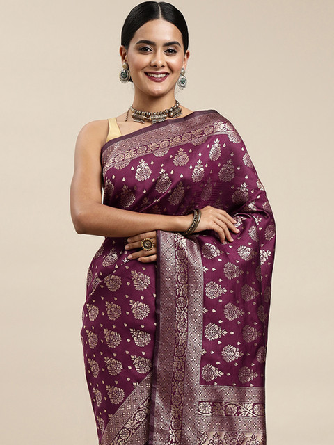 

all about you Purple & Golden Ethnic Motifs Zari Woven Design Banarasi Saree