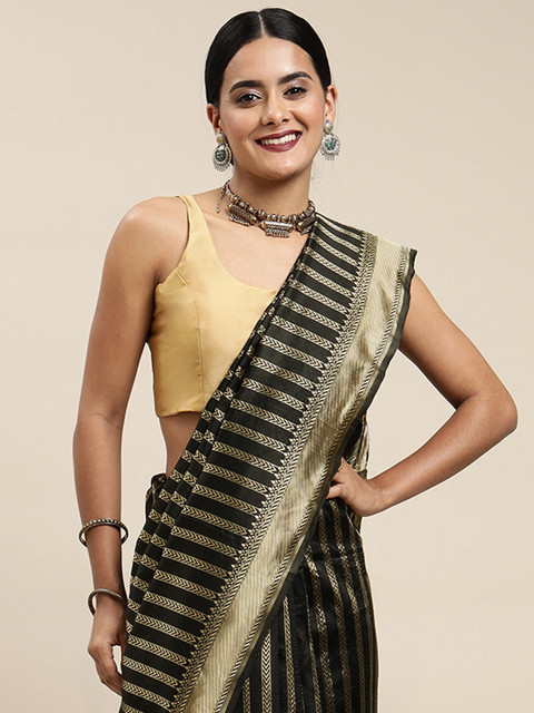 

all about you Black & Golden Striped Zari Woven Design Banarasi Saree