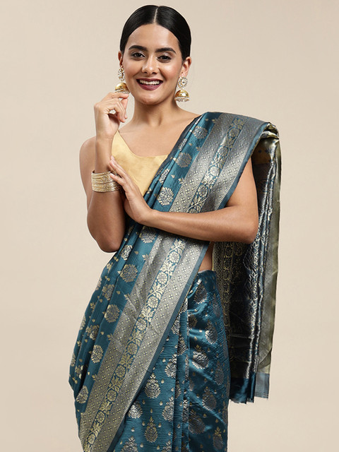 

all about you Teal Blue & Golden Ethnic Motifs Zari Woven Design Banarasi Saree