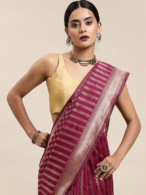 

all about you Pink & Golden Striped Zari Woven Design Banarasi Saree