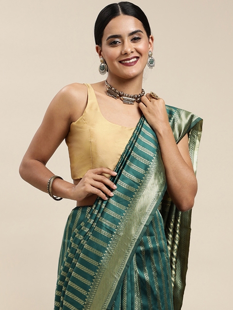 

all about you Teal Blue & Golden Striped Zari Woven Design Banarasi Saree