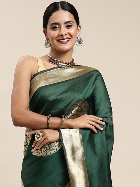 

all about you Green & Golden Ethnic Motifs Zari Woven Design Banarasi Saree