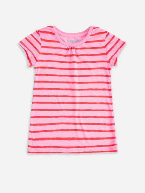 

Pantaloons Junior Girls Pink Striped Henley Neck Extended Sleeves T-shirt