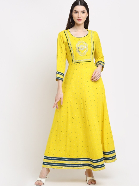 

KALINI Women Yellow & Green Ethnic Motifs Embroidered Ethnic Maxi Dress