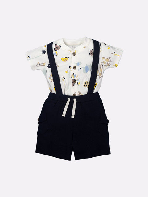 

BABY GO Infants Girls Navy Blue & White Printed Pure Cotton Dungarees With T-Shirt