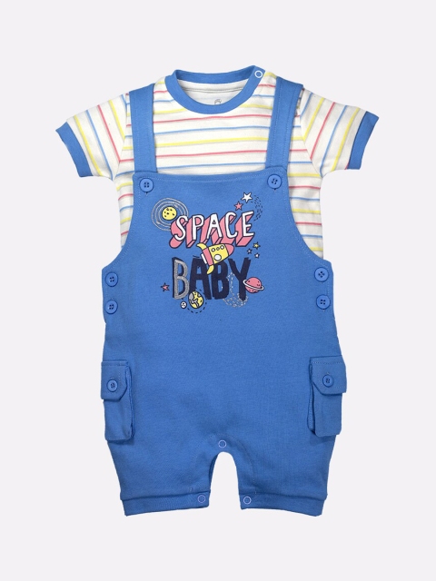

BABY GO Infant Boys Blue & White Printed Pure Cotton Dungarees With T-Shirt