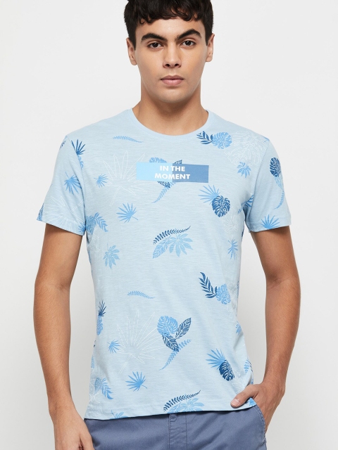 

max Men Blue Tropical Printed Pure Cotton T-shirt