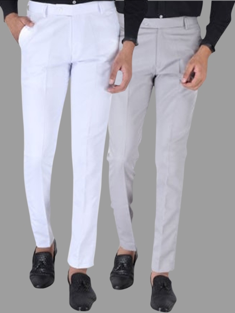 

Srey trends Men Pack of 2 White & Grey Smart Slim Fit High-Rise Trousers