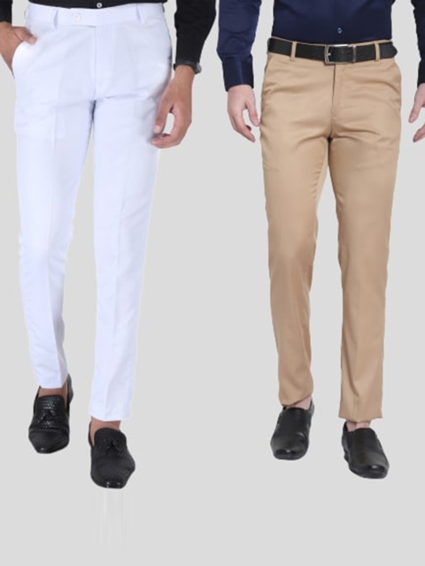 

Srey trends Men Set Of 2 White & Beige Smart Slim Fit High-Rise Trousers