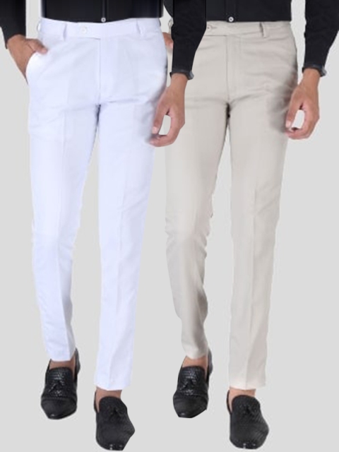 

Srey trends Men Pack of 2 White & Brown Smart Slim Fit High-Rise Trousers
