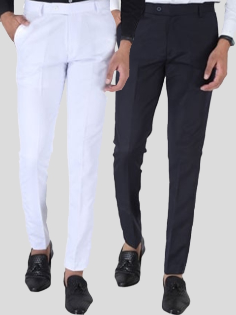 

Srey trends Men Pack Of 2 White & Navy Blue Smart Slim Fit Trousers