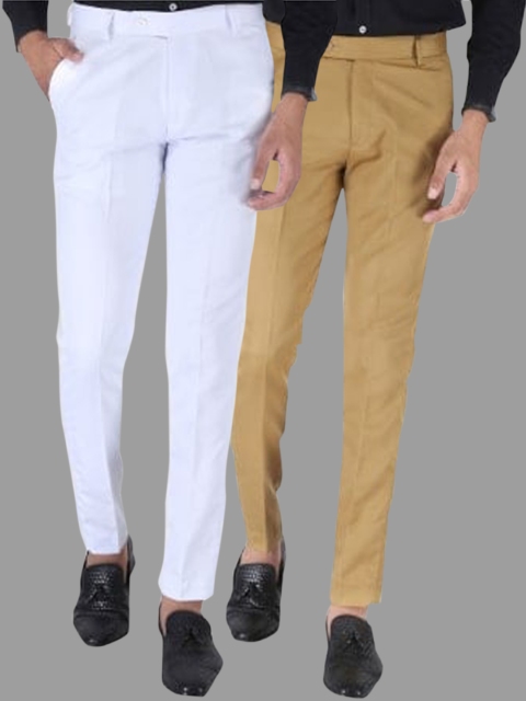 

Srey trends Men Pack of 2 White & Brown Smart Slim Fit High-Rise Trousers
