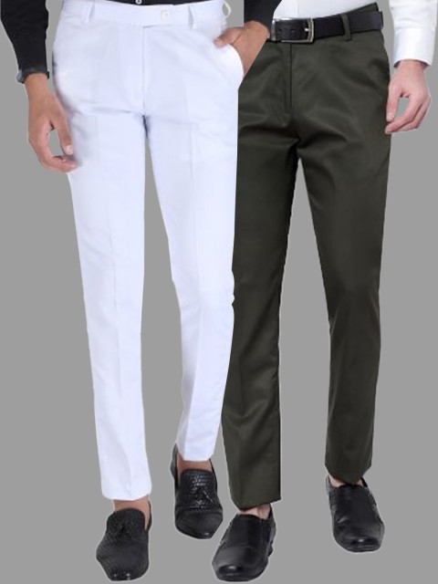 

Srey trends Men Pack of 2 White & Olive Green Smart Slim Fit High-Rise Trousers