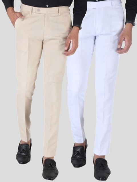 

Srey trends Men Pack of 2 White & Brown Smart Slim Fit High-Rise Trousers