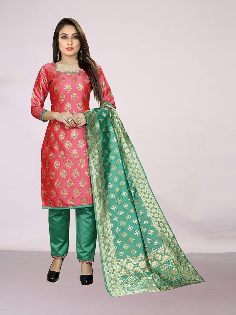 

Ekta Textiles Coral & Green Unstitched Dress Material