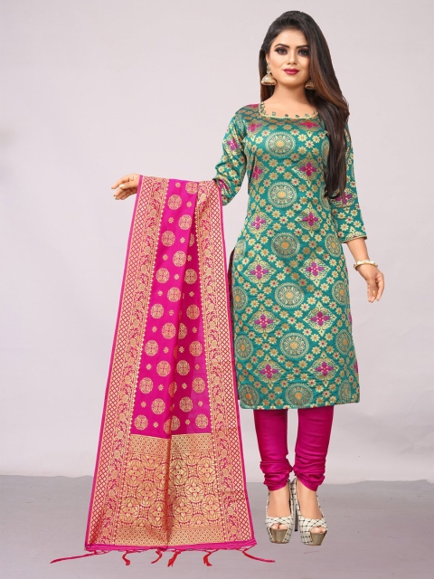 

Ekta Textiles Sea Green & Pink Unstitched Dress Material