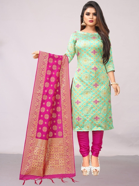 

Ekta Textiles Turquoise Blue & Pink Unstitched Dress Material