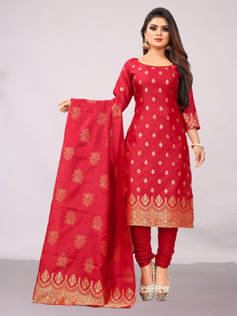 

Ekta Textiles Red & Gold-Toned Unstitched Dress Material