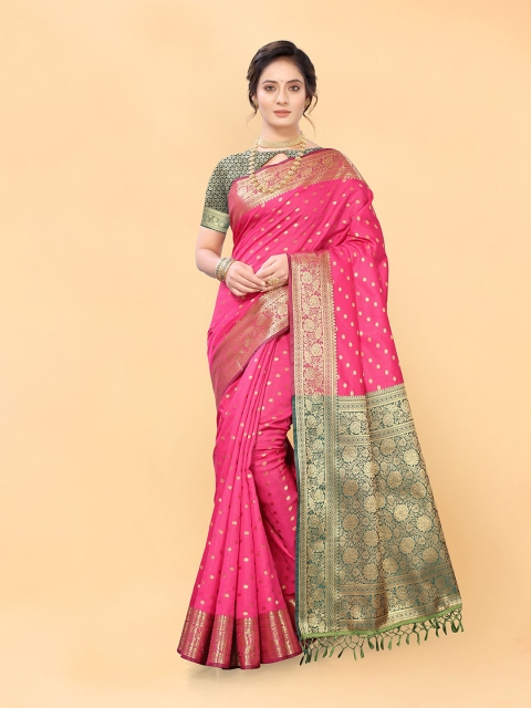 

Sangria Pink & Green Ethnic Motifs Zari Pure Silk Banarasi Saree