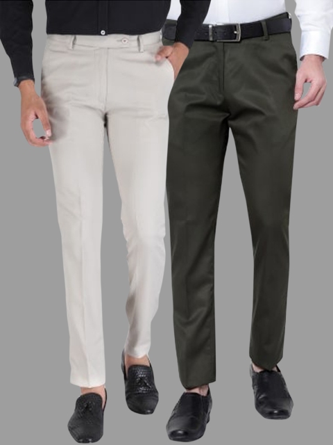 

Srey trends Men Pack of 2 Brown & Olive Green Smart Slim Fit High-Rise Trousers