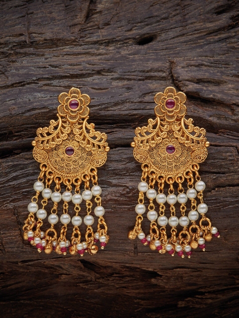 

Kushal's Fashion Jewellery Gold-Plated Magenta & White Classic Antique Drop Earrings