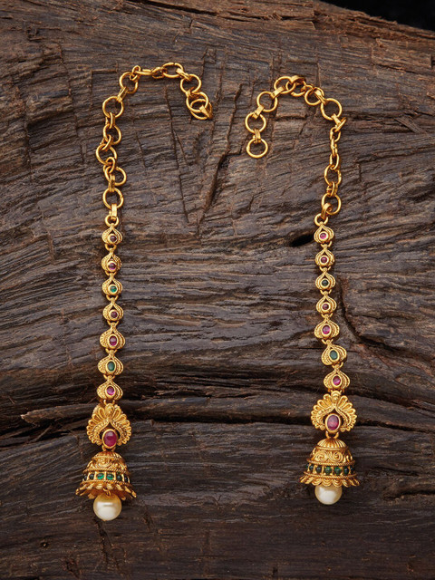 

Kushal's Fashion Jewellery Gold-Plated Magenta & Green Dome Shaped Chain Jhumkas Earrings