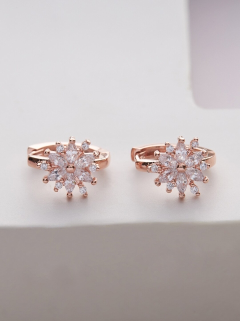 

Kushal's Fashion Jewellery Rose Gold-Plated White CZ Studded Floral Hoop Earrings