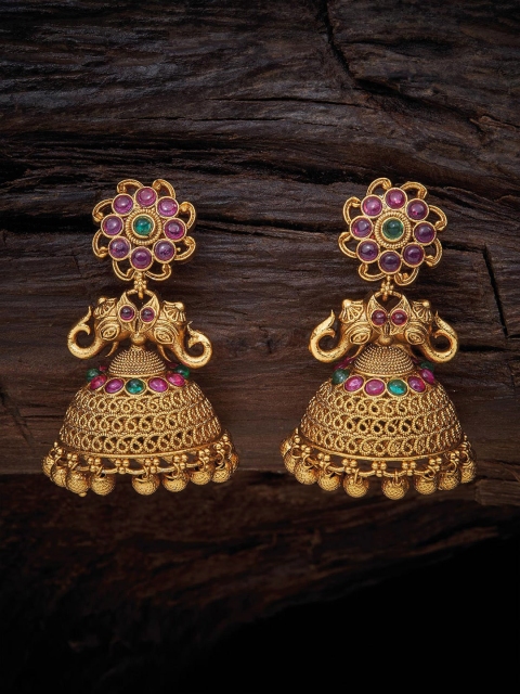 

Kushal's Fashion Jewellery Gold-Plated Magenta & Green Antique Jhumkas Earrings