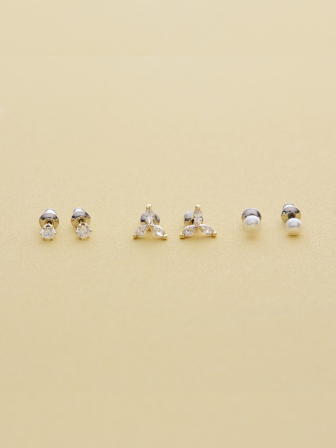 

Kushal's Fashion Jewellery Set of 3 Gold-Plated White CZ Contemporary Studs Earrings