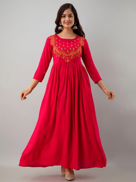 

GULMOHAR JAIPUR Fuchsia & Green Floral Embroidered Ethnic Maxi Dress