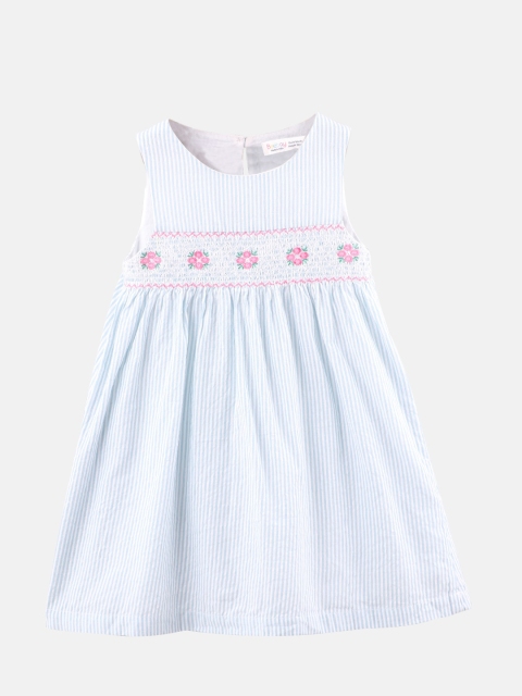 

Beebay Girls Blue & White Striped Smocked Cotton A-Line Dress