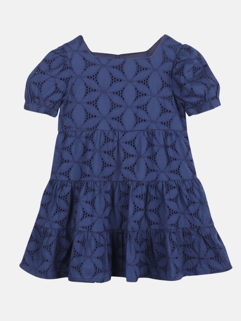 

Beebay Navy Blue Schiffli Puff Sleeves A-Line Dress