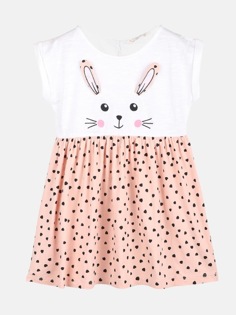 

Beebay Girls Peach-Coloured & White Cotton Knitted A-Line Dress