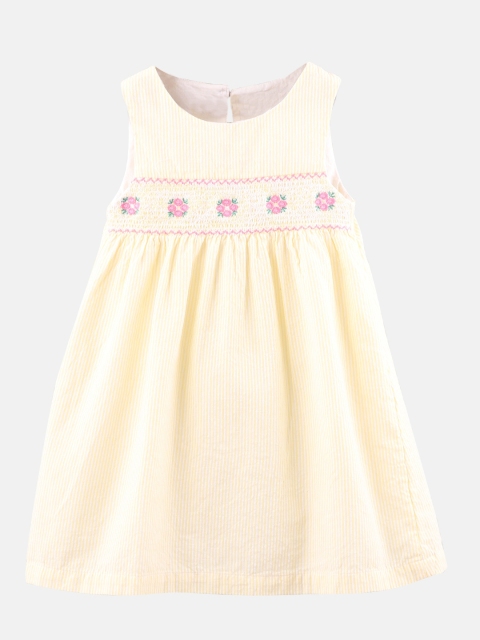

Beebay Girls Yellow & Pink Floral Embroidered Striped Smocked Cotton A-Line Dress