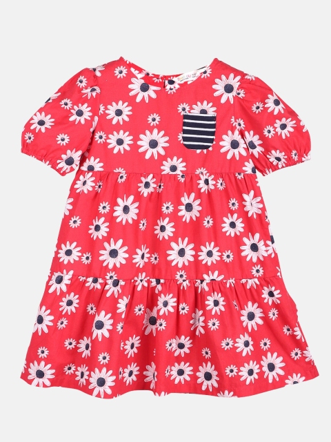 

Beebay Girls Red & White Floral Puff Sleeves Tiered A-Line Dress