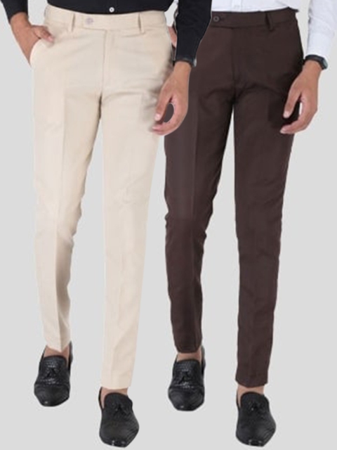 

Srey trends Men Pack Of 2 Cream-Coloured & Coffee Brown Smart Slim Fit Trousers