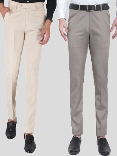 

Srey trends Men Pack of 2 Cream-Coloured & Grey Smart Slim Fit High-Rise Trousers