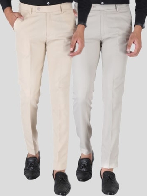 

Srey trends Men Pack of 2 Cream-Coloured & Brown Smart Slim Fit High-Rise Trousers