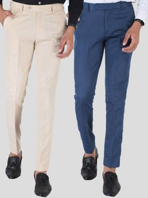 

Srey trends Men Pack of 2 Cream-Coloured & Blue Smart Slim Fit High-Rise Trousers