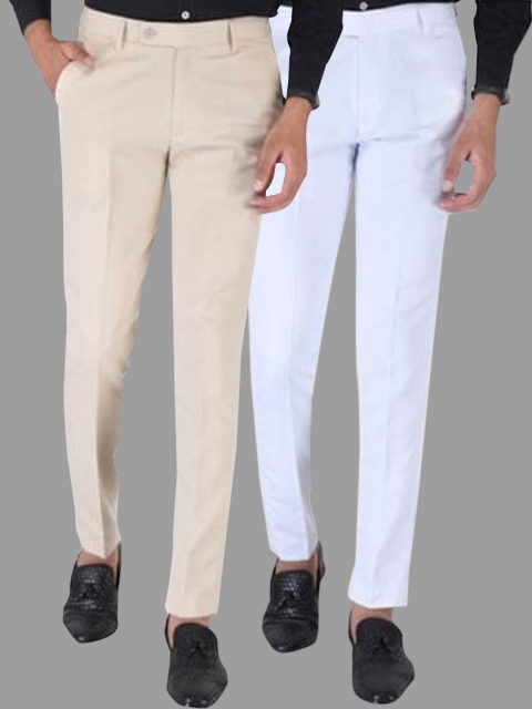 

Srey trends Men Pack Of 2 Cream-Coloured & White Smart Slim Fit Trousers