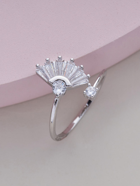 

Kushal's Fashion Jewellery Rhodium-Plated Silver-Toned White CZ-Studded Adjustable Finger Ring